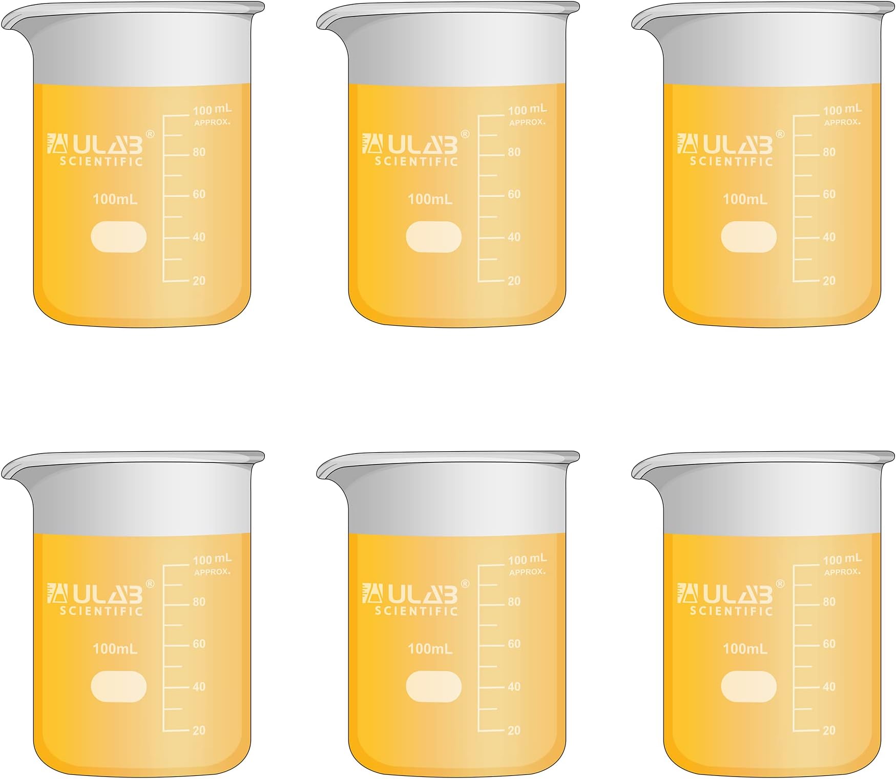 Scientific Glass Beaker Set, Vol. 100ml, 3.3 Borosilicate Griffin Low Form with Printed Graduation, Pack of 6, UBG1014