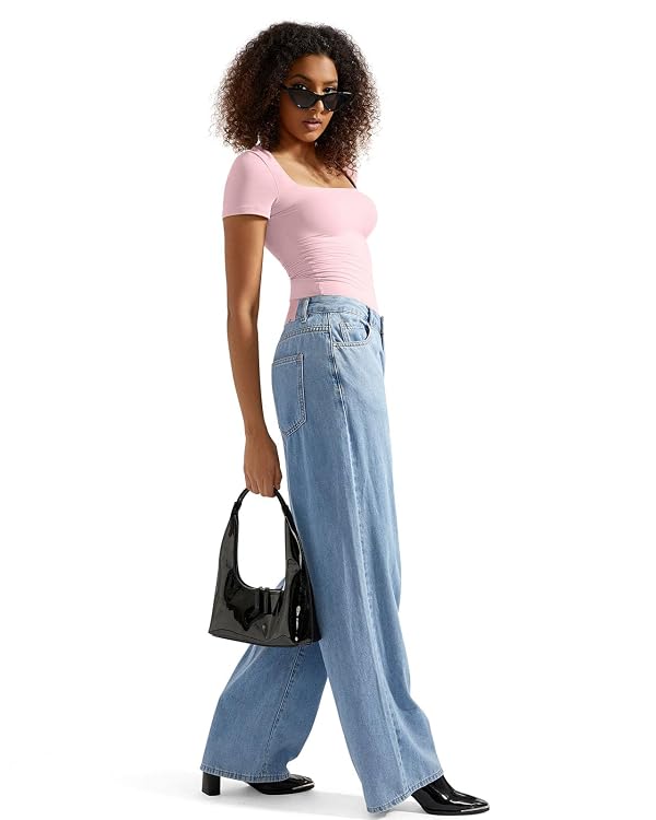 SUUKSESS Women Double Lined Fitted Basic Tee Shirts Square Neck Short Sleeve Y2K Going Out Crop Tops (Blush, S) by SUUKSESS - Used condition - Image 6