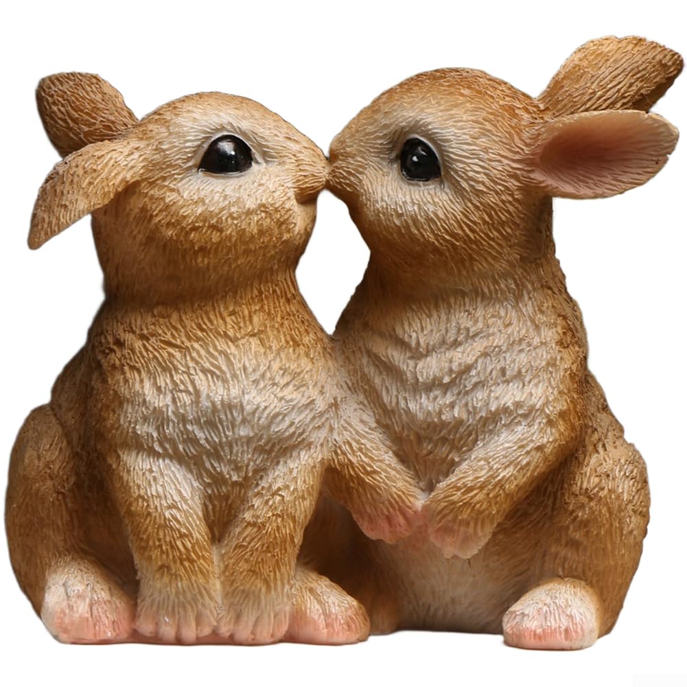 Fauhapyway Easter Bunny Figurine Resin Garden Statue White Brown Kissing Rabbit Outdoor Art Decor for Lawn Yard Patio 10.5cm(B)