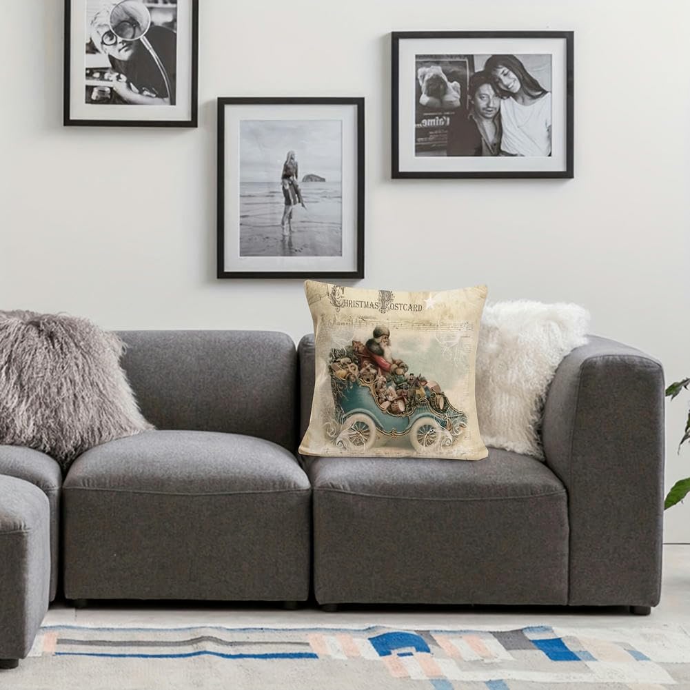 Lot de 4 housses de coussin vintage de Noël avec Père Noël, renne, traînea
