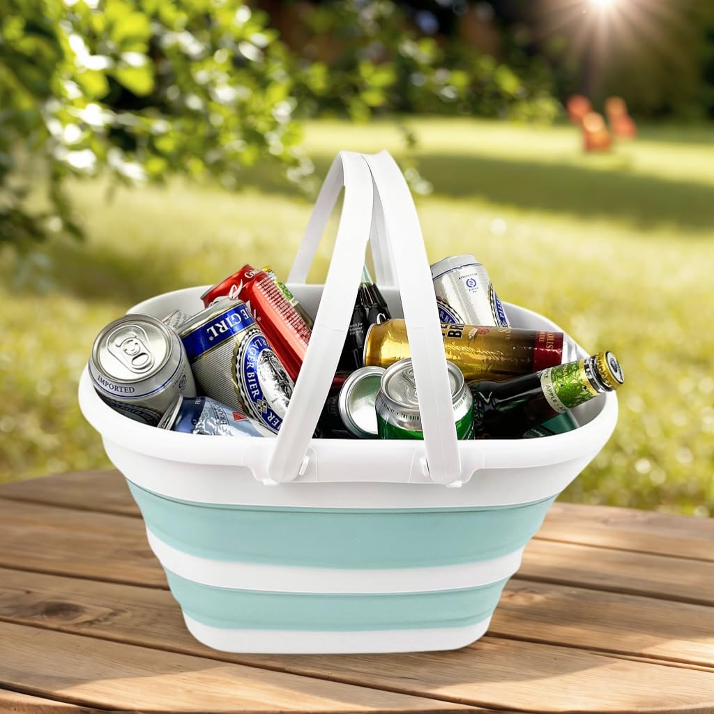 SAMMART Panier pliable avec poignée de 17 l - Panier de pique-nique d'extérieur portable / cratère - Sac de courses pliable - Récipient de rangement peu encombrant (blanc/vert lac, 1)