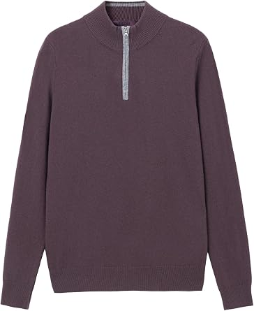 Quarter-Zip Superfine 100% Merino Wool Sweater for Men Mock Neck Pullover Contrast Trim Casual Long Sleeve