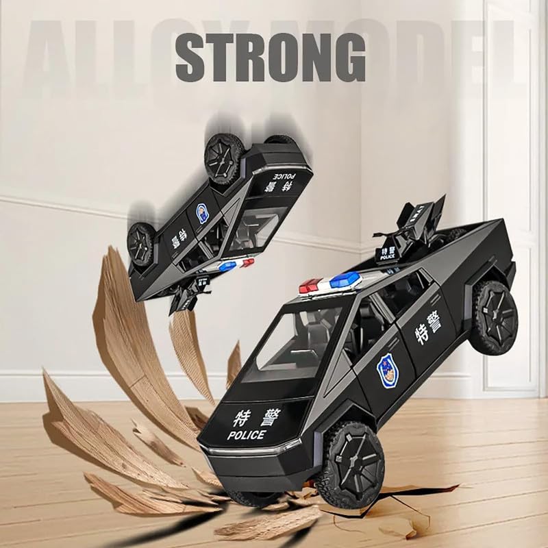 Image of Model 1:24 Police Tesla Truck Model Alloy Metal Pull Back Die-cast Car Openable Doors with Sound and Light Vehicle Car Toy for Kids - Multicolor