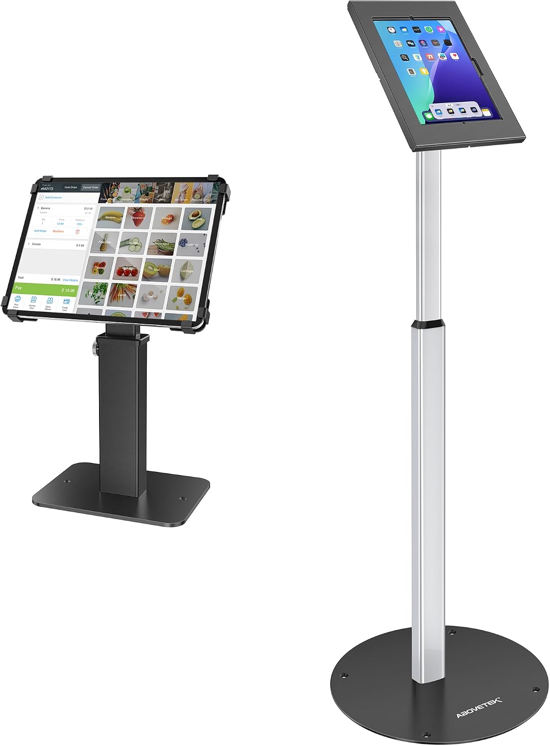 AboveTEK Anti-Theft iPad Kiosk Stand, 360 Rotation & Adj. Height 8.3"–13.4" Bundle with Height Adjustable Tablet Floor Stand w/Lock and Key Mechanism for 10.9-11" iPad & Galaxy Tab