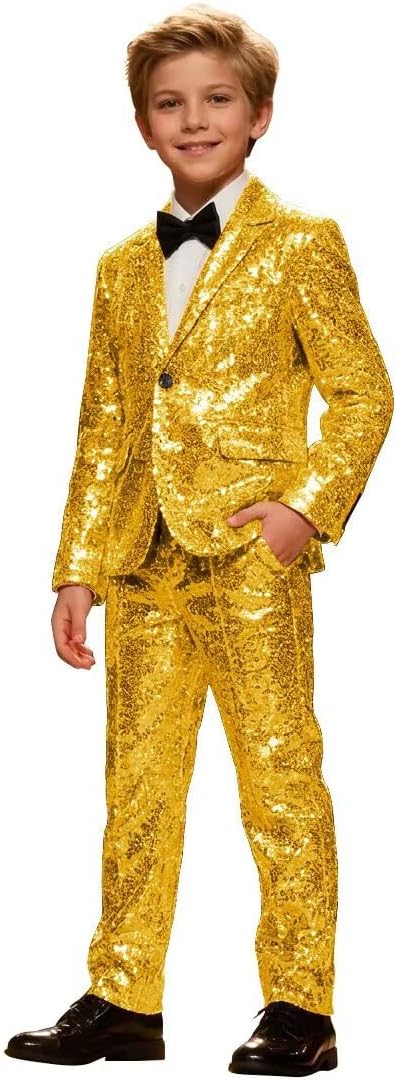 Sequin Boys Suit 2 Piece Glitter Sparkly Suits for Boys Shiny Notch Lapel 1 Button Tuxedo for Wedding Ring Bearer