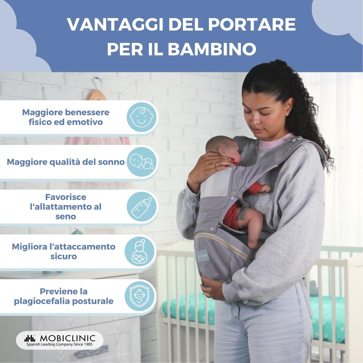 Mobiclinic® kids, Marsupio neonato, 6 in 1, Moley, Ergonomico, Multiposizione, 0-36 mesi, Pieghevole, Tasca con cerniera, Portabiberon, Cotone premium morbido, Per neonati e bambini (grigio)