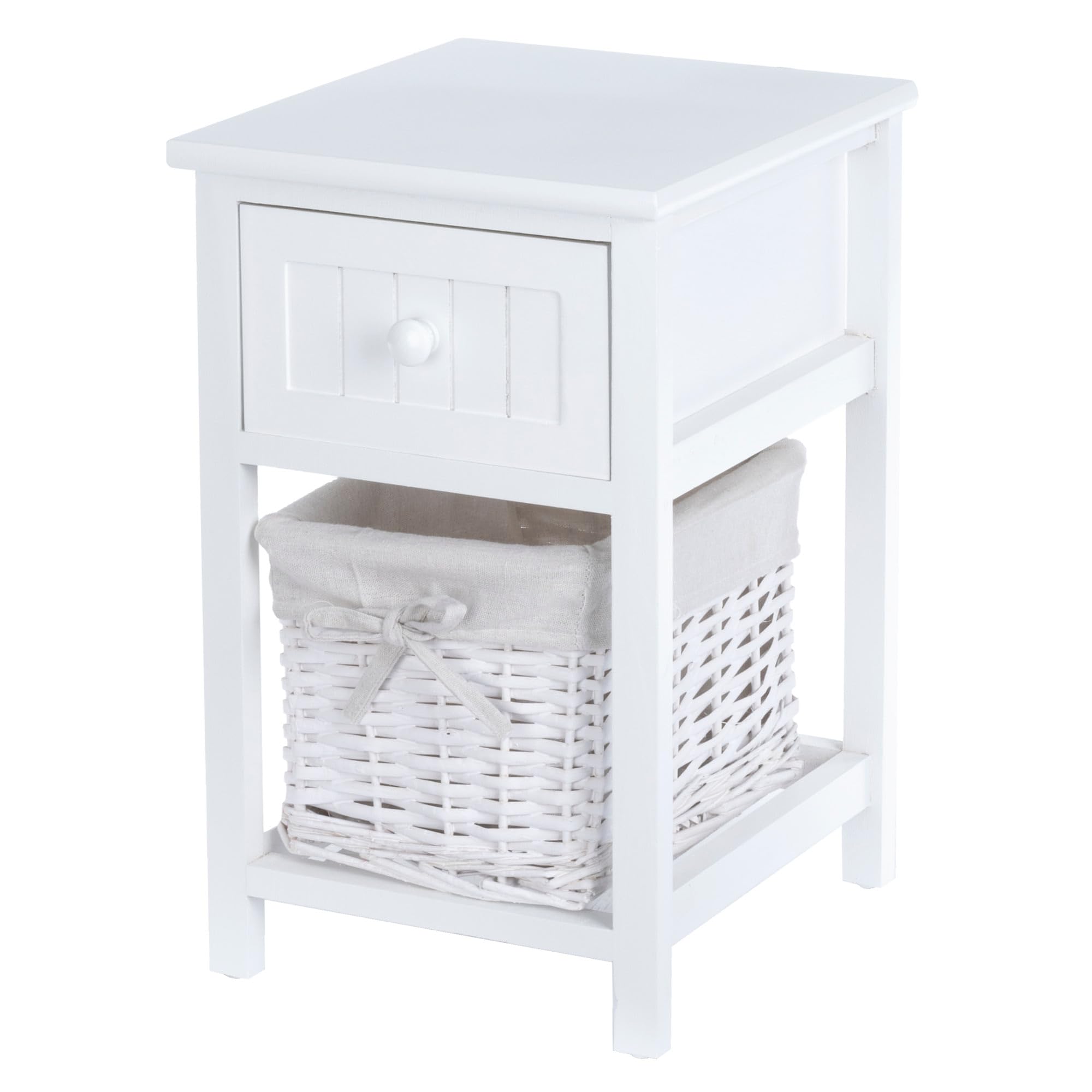 LIVIVO White Shabby Chic Wooden Bedside Cabinet – Ready Assembled Nightstand with Drawer & Cloth-Lined Wicker Basket – Vintage Bedroom Storage Unit, No Assembly Required