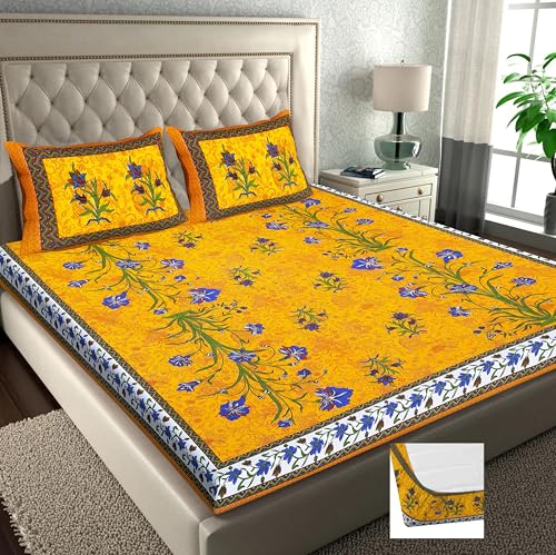 Image of RajasthaniKart Pure Cotton 144 TC Printed Double /Queen Bed Elastic Fitted Bedsheet with 2 Pillow Covers - All Around Elastic | 60 inchx78 inch, Fits Up to 8 inch Mattress | Jaipuri Print, 5167