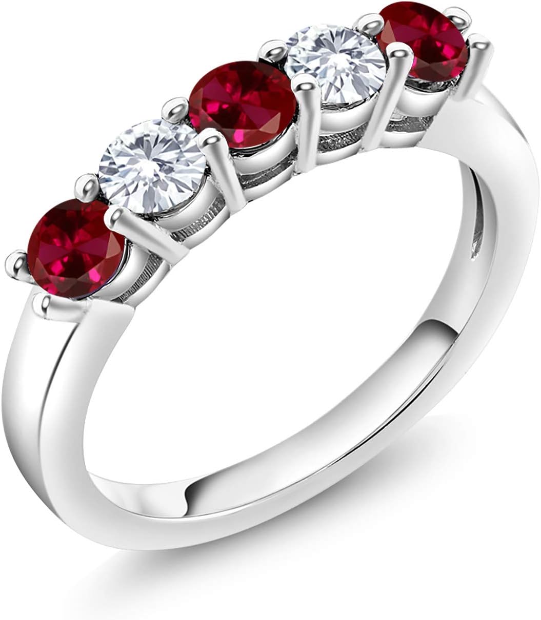 Gem Stone King 1.07 Cttw Red Created Ruby and White Moissanite 5-Stone Wedding Anniversary Band Ring For Women | 925 Sterling Silver | Wedding Engagement Anniversary Promise Ring For Women
