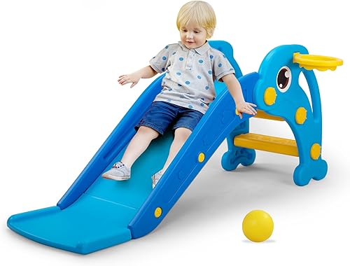 Tobogán 3 en 1 para niños pequeños, tobogán para bebés, juego de escalador de plástico con aro de baloncesto y pelota, patio de juegos interior y