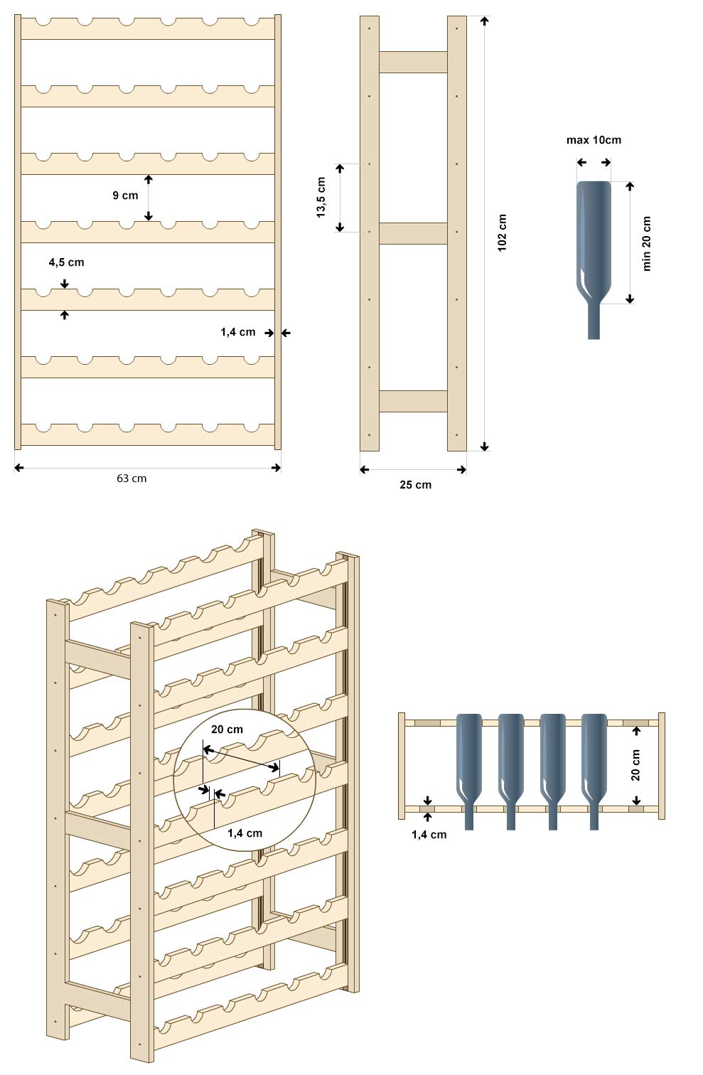 Lenmar Serie RW Scaffalatura in legno per bottiglie di vino, Antracite, Marrone, Naturale, RW-1, 3-11 ripiani, per 12-91 bottiglie, Vino, Portabottiglie (Marrone, RW-1-42, 102 x 63 x 25, 7 ripiani - 4