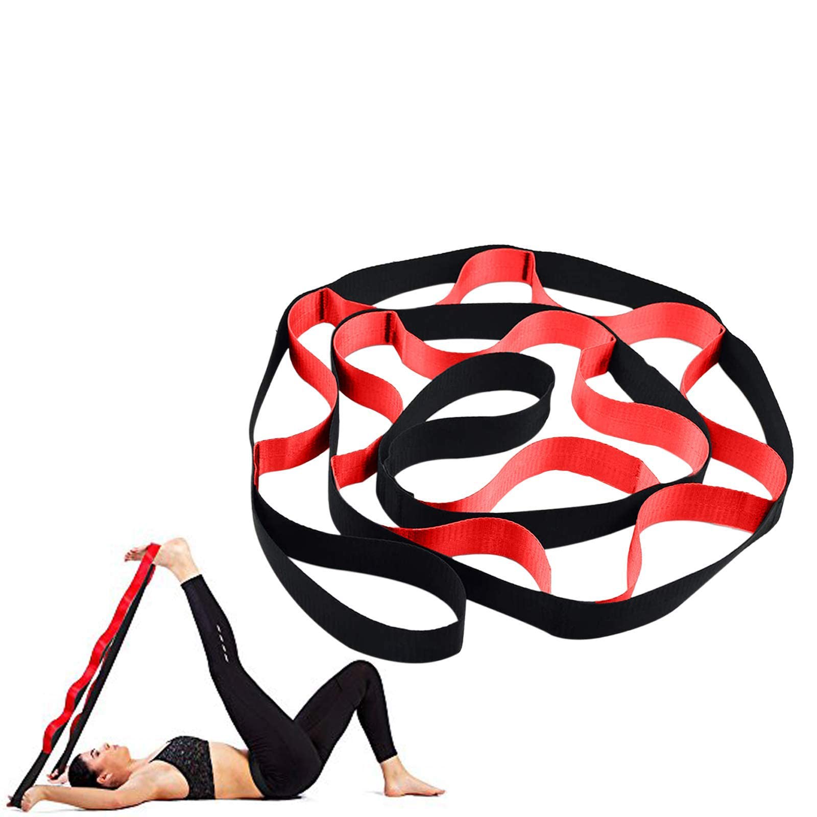 Yoga Strap Stretching Bands With Loops - Stretch Out Strap Pilates Bands Workout Straps - Exercise Loop Bands for Rehab, Yoga, Pilates, Dance, Ballet, Gymnastics, Leg, and Back Stretcher. (Black-Red)