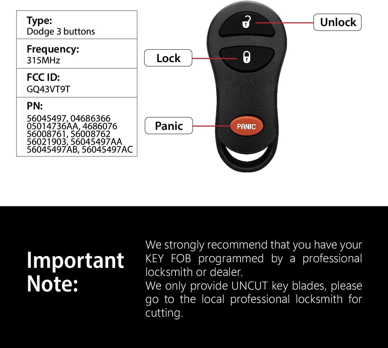 Replacement for 1999 2000 2001 2002 2003 2004 Dodge Dakota Durango Ram 1500 2500 3500 Jeep Cherokee Grand Cherokee Key Fob Remote Control GQ43VT9T 3 Buttons 315MHz