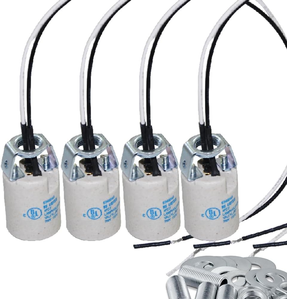 E12 Socket,Ceramic Candelabra Socket E12 Bulb Lamp Holder,Light Socket with Wire Lead for E12 Incandescent LED Light Bulb (4-Pack)
