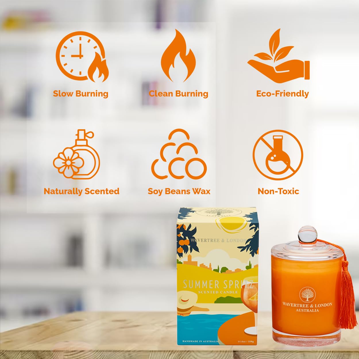 Wavertree & London Vela de cera de soja orgánica Summer Spritz | Velas de cera de soja natural pura y no tóxica, 100 % mecha de algodón, triple aroma, vertida a mano en Australia, 60 horas de tiempo