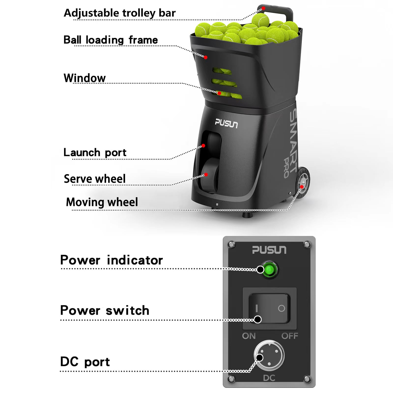 PUSUN PT-SMARTPro - Macchina per palline da tennis professionale con controllo app, 20 punti di atterraggio e velocità variabile, per allenarsi con sistema multi-angolo (durata 4-6 ore) (nero)