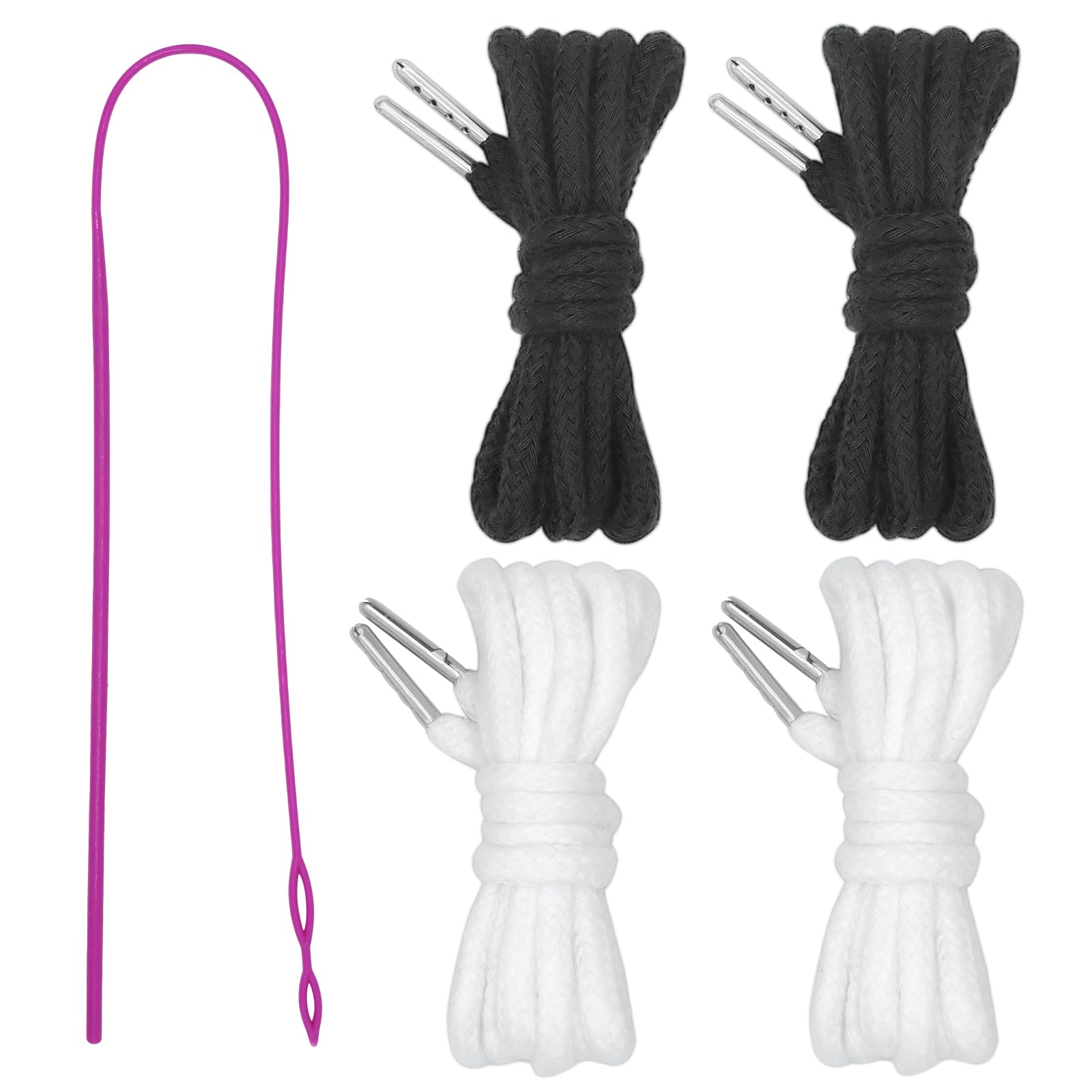 4 Pcs 130cm/51.2in Drawstring Cords with Drawstring Threader,Drawstrings Cord Replacement with Elastic Threader for Sweatpants Shorts Pants Jackets Coats Hoodies String Threader(Black,White)