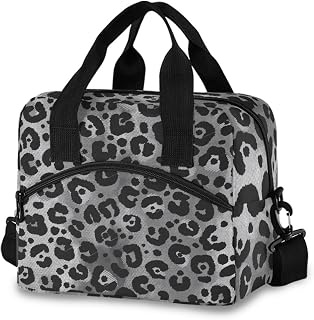 Gray Leopard Print Insulated Lunch Bag Cooler Tote Lunchbox 10L | Soft Reusable Lunch Container for Adult Men Women, Handle & Removable Shoulder Strap Front Zip Pocket for Work Picnic Travel