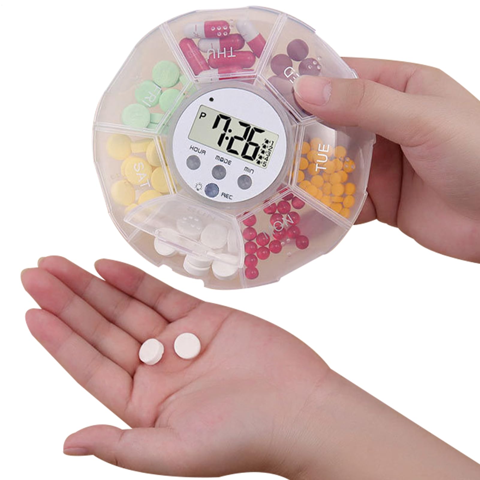 Dispensatore Elettrico Di Pastiglie - Portafarmaci Con Timer - Funzione di Registrazione, 7 Scomparti, Portapillole per Integratori e Prodotti per la Salute