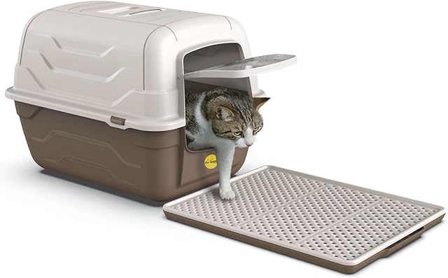 CAT CENTRE Luxury Grey Hooded Cat Litter Tray Box + Sifting Large Mat Bundle Set Pad Catcher Waterproof Trapper Toilet Enclosed Box Pan Loo Charcoal Filter Flap Door Lidded Detachable Hood Enclosed