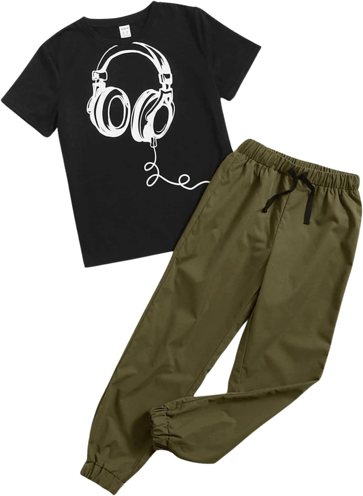 Boys Outfits White Headphones Print T-shirts and Green Shorts 5-14Y
