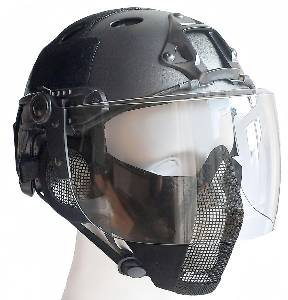 Tactical Airsoft PJ Type Fast Helmet with Face Shield Visor and Lower Guard Mesh Half Face Mask with Ear Cover (Black)