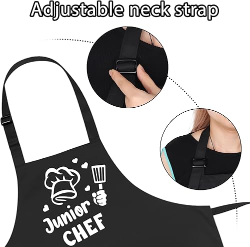 Miniatura 3 de Auidy_6TXD Juego de delantal y sombrero de chef, delantal ajustable para niños, delantal divertido con 2 bolsillos para niños y niñas