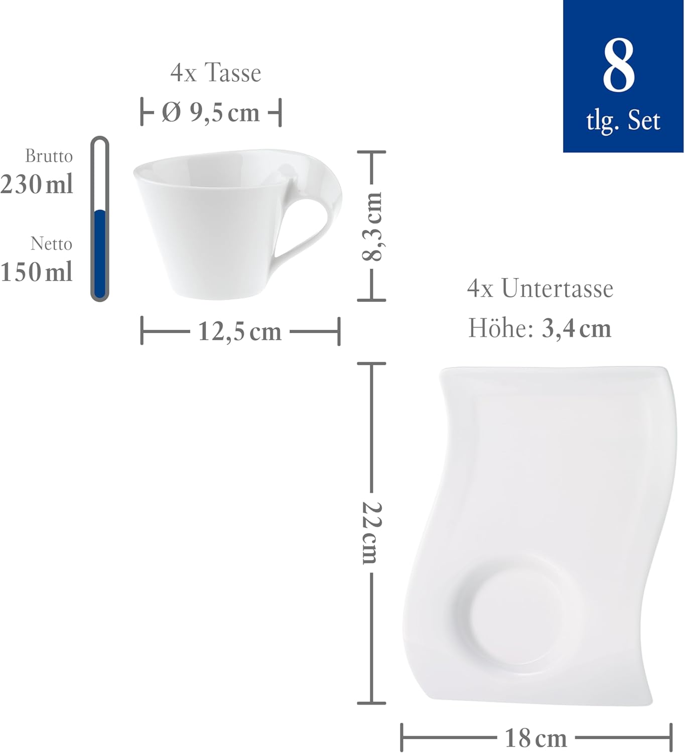 Villeroy & Boch New Wave Caffè Cappuccino Set for 4 People, 8 Pieces, Coffee Cups MaofFrom Premium Porcelain, Contoured Design in White, Dishwasher Safe