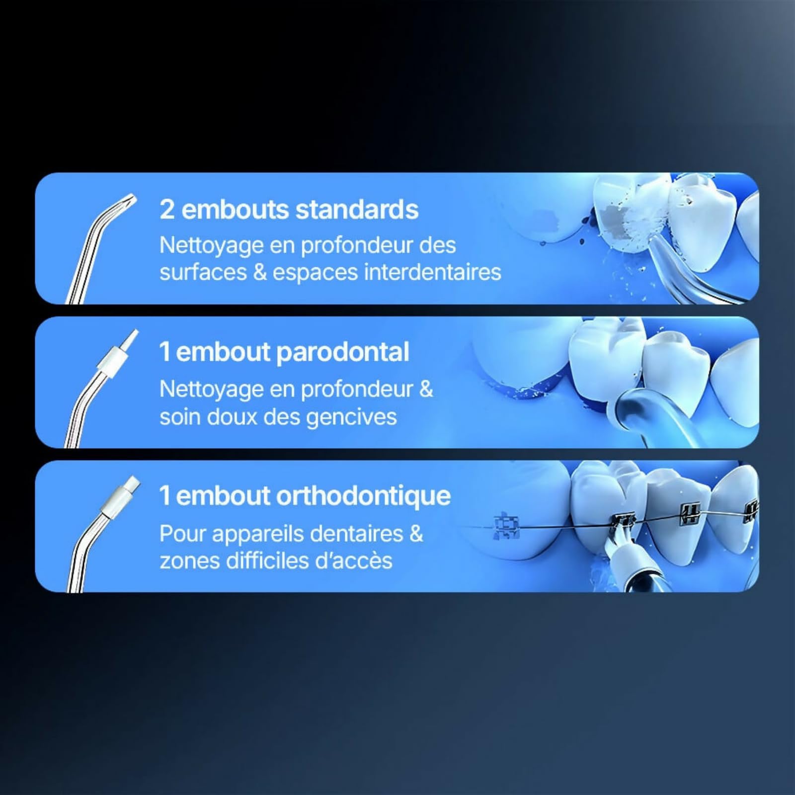 Hydropulseur sans fil pour un soin dentaire & buccal optimal / 3 modes & 4 embouts/Réservoir de 180 ml/Étanchéité IPX7 / Jet dentaire pour gencives