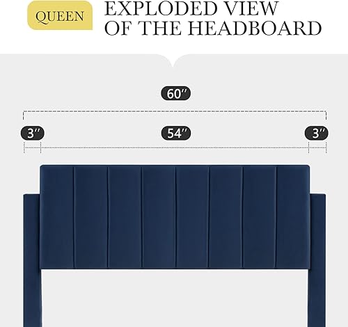 Miniatura 6 de HOOMIC Base de cama de plataforma tamaño Queen con cabecera de canal vertical tapizada de terciopelo de felpa, no necesita somier, fácil montaje,