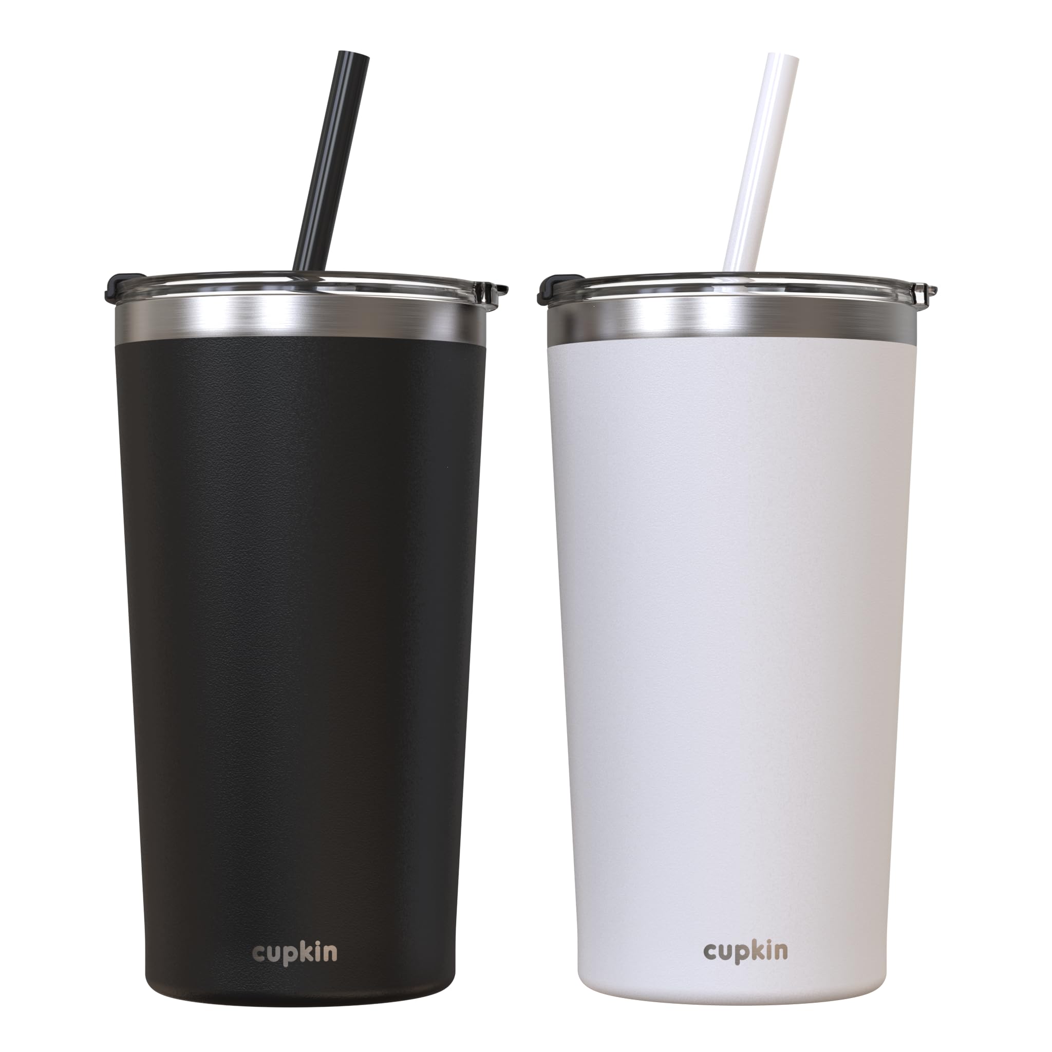 CUPKIN Stainless Steel Insulated Tumbler with Lid and Straw, 20 oz Stainless Steel Cups, Set of 2 Travel Coffee Mug for Adults, Iced Coffee Cup with Lid, Tumbler for Travel (Black + White)