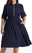 Hanna Nikole Women's Plus Size V-Neck Lapel A-Line Casual Dress Adjustable 3/4 Sleeve Dresses Elastic Waist Knee-Length Dresses with Pockets