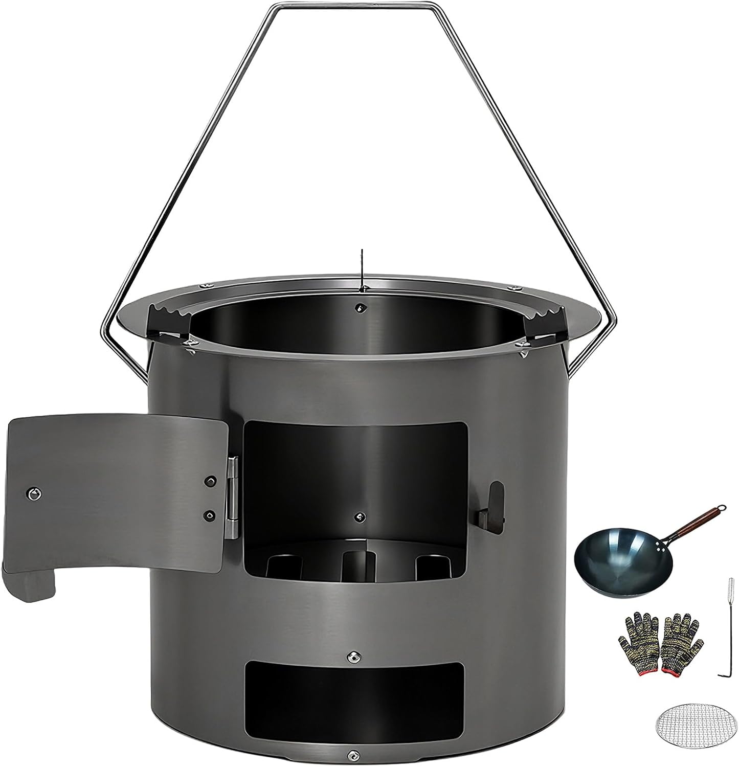 バーベキュー コンロ 小型 多機能 ハンドル、中華鍋、グリル付き 薪ストーブ キャンプ 金属製ポータブルキャンプストーブ キャンプ、