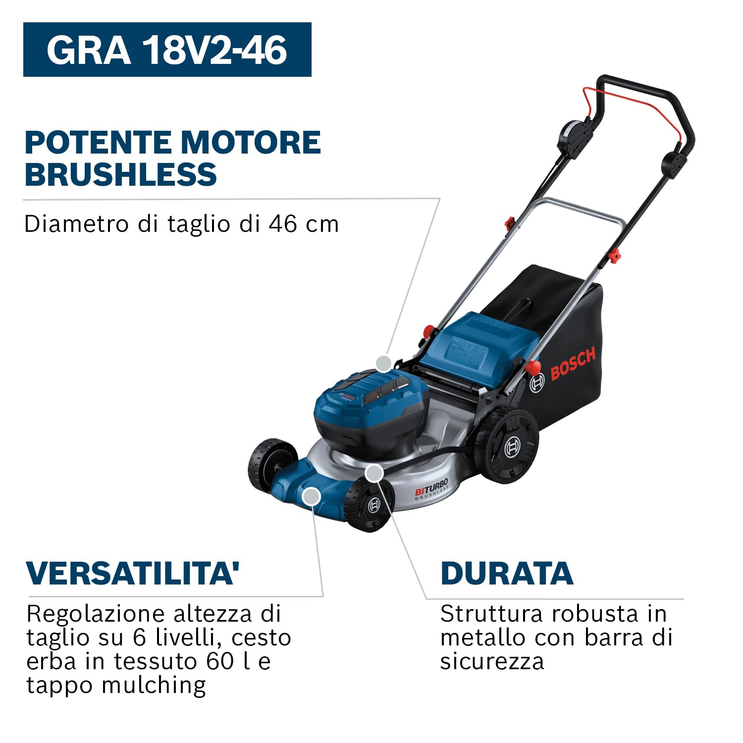 Bosch Professional 18V System Tagliaerba/Tosaerba a batteria GRA 18V2-46 (larghezza di taglio: 46 cm, 6 regolazioni altezza taglio, sacco raccoglierba tessuto 60 l, 2 chiavi di isolamento)