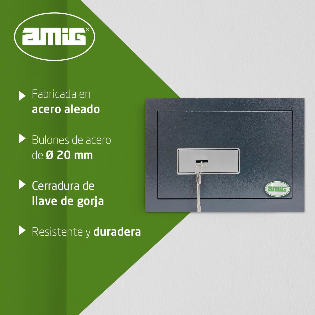 Amig - Caja Fuerte de Embutir con Llave de Gorja - Acero - Caja de Seguridad para Pared, Discreta y Segura - Ideal para Casa - Protección de Dinero y Objetos de Valor - 30x15x20 cm