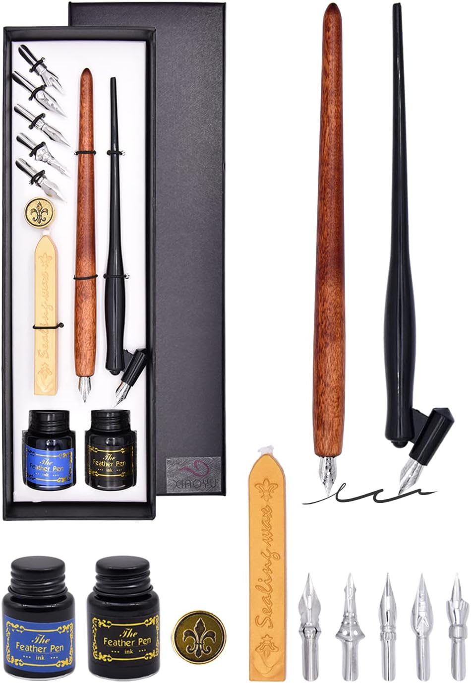 XIAOYU Vintage Woooden Dip Pen, Fountain Dip Pen, English Calligraphy Pen Set including Ink for Beginners Brown