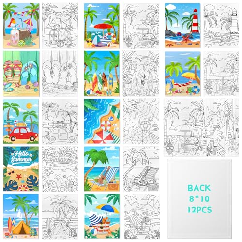 Attività Creative Bambini Feste Tele Predisegnate Per Bambini - 12 Pezzi 20x20cm Frutta E Paesaggi Tela Pittura Principianti - 8
