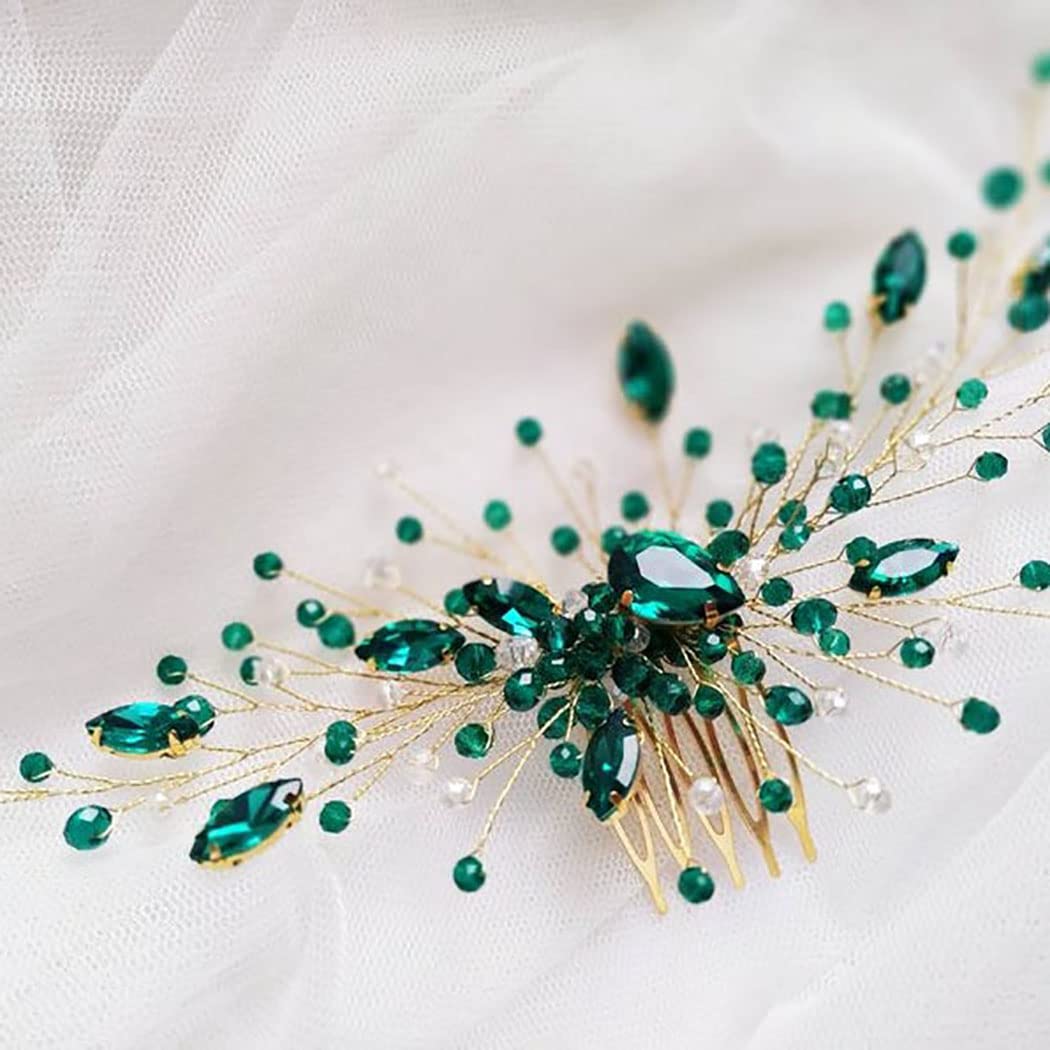 IYOU Peineta para el pelo de princesa con cristales verdes para novia, accesorios para niñas y mujeres (dorado)