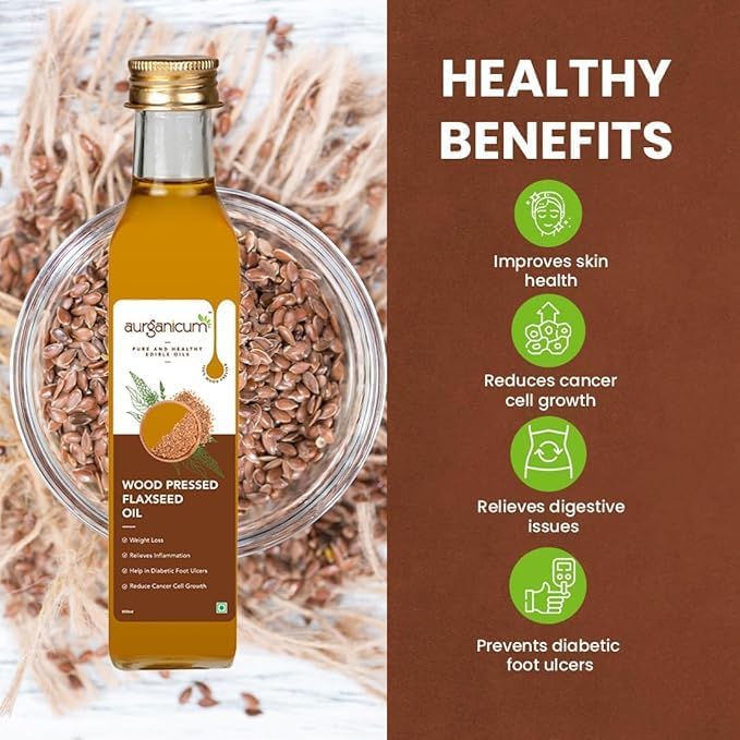 Aurganicum wood pressed flaxseed oil - 100% pure and natural | Cold-represented and unrefined | Essential oil for hair care, skin and well -being. Ideal glass bottle for cooking (500 mL | Glass) Aurganicum wood pressed flaxseed oil - 100% pure and natural | Cold-represented and unrefined | Essential oil for hair care, skin and well -being. Ideal glass bottle for cooking (500 mL | Glass)