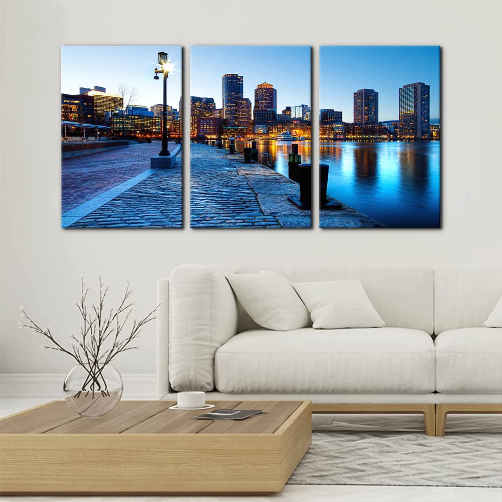 Pacimo 3 Pieces Cityscape Canvas Wall Art - Boston Harbor and Financial District in Boston Massachusetts in Sunset Pictures Print on Canvas Urban Skyline Modern Artwork for Wall Decor - 16" x 24" x 3