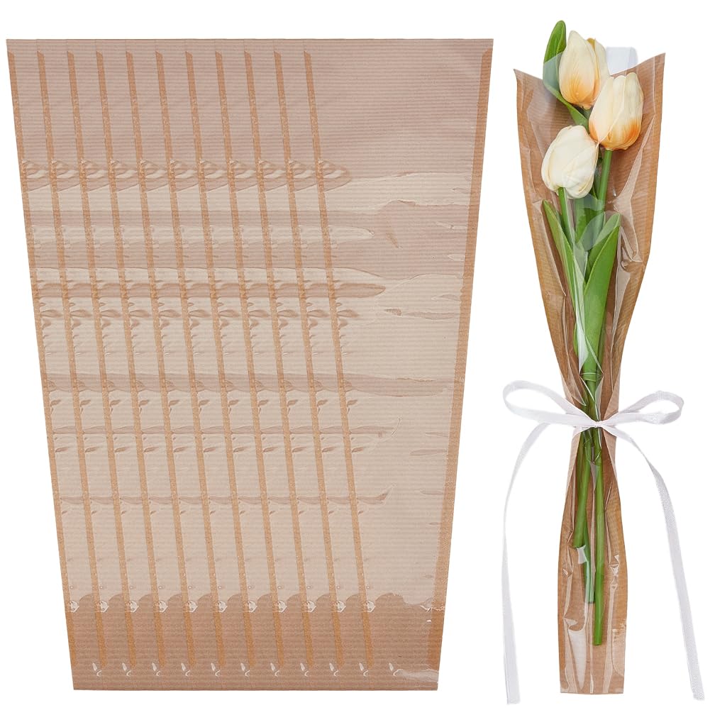 GORGECRAFT 50Pcs Flower Wrapping Bags Kraft Paper Floral Sleeves Clear Plastic Single Rose Flower Bouquets Packaging Bags for Floral Arrangement Wedding Valentines Mothers Birthday Florist Supplies