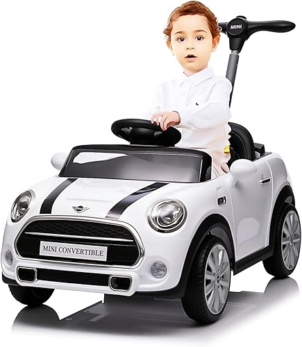Auto de empuje para niños, auto de paseo con licencia MINI Cooper con varilla de empuje ajustable, música de bocina, cinturón de seguridad,