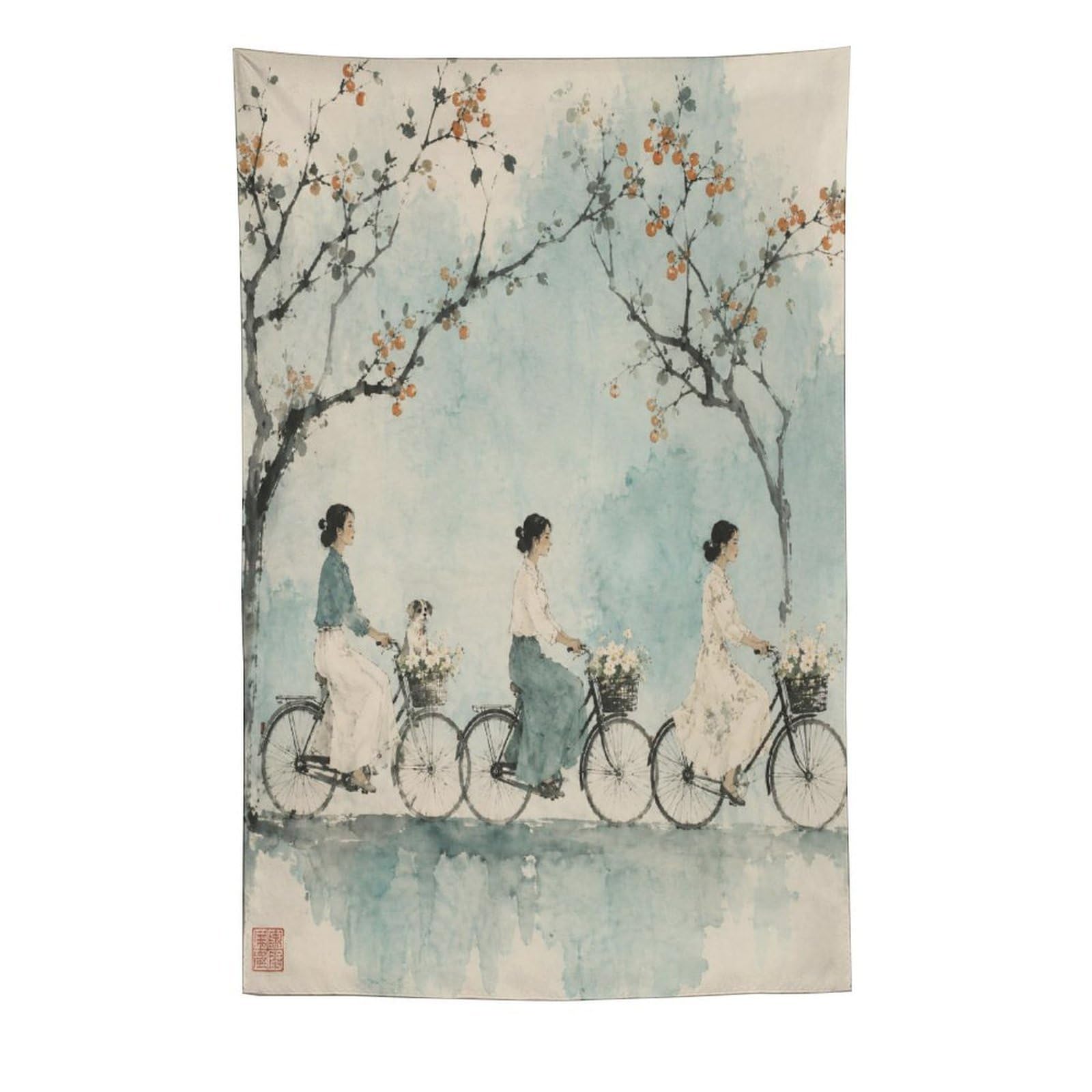 W7C8U2X3 Cyclists under Blossoms Wall Tapestry, Asian Ink, College Dorm