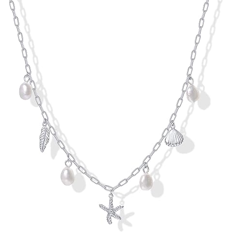 PAVOI 14K Gold Plated Beach Charm Necklace for Women - Dainty Paperclip Chain Trendy Beachy Multi Charm Necklace - Gold Ocean Summer Jewelry with Freshwater Pearl, Sea Shell, Starfish
