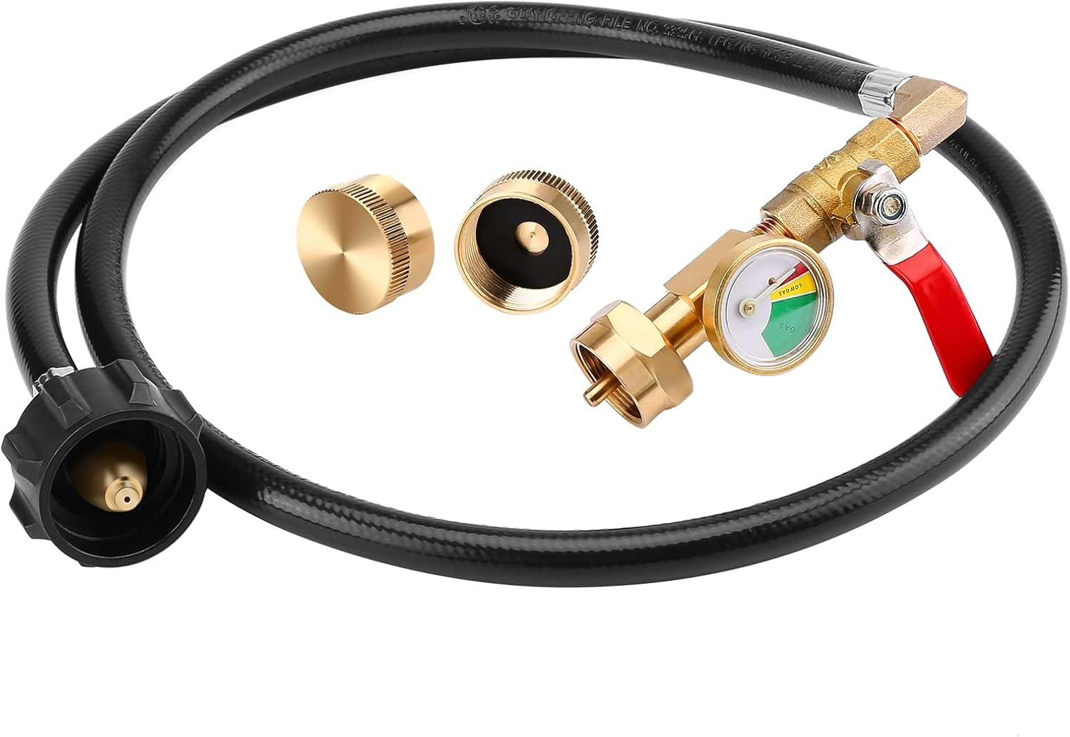 WADEO Propane Refill Adapter Hose with Gauge, 4 FT/48 Inch Propane Tank Refill Adapter Extension Hose for 1LB Propane Gas Tanks with ON/Off Control Valve, 2X 1lb Propane Bottle Caps Included