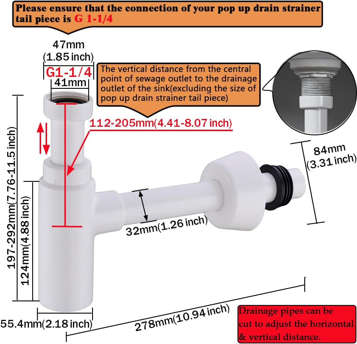 RANDOM Snappy Round Bottle Trap G1-1/4,ABS Plastic Basin Sink Waste Drain P-TRAP Kit, White.RD83880