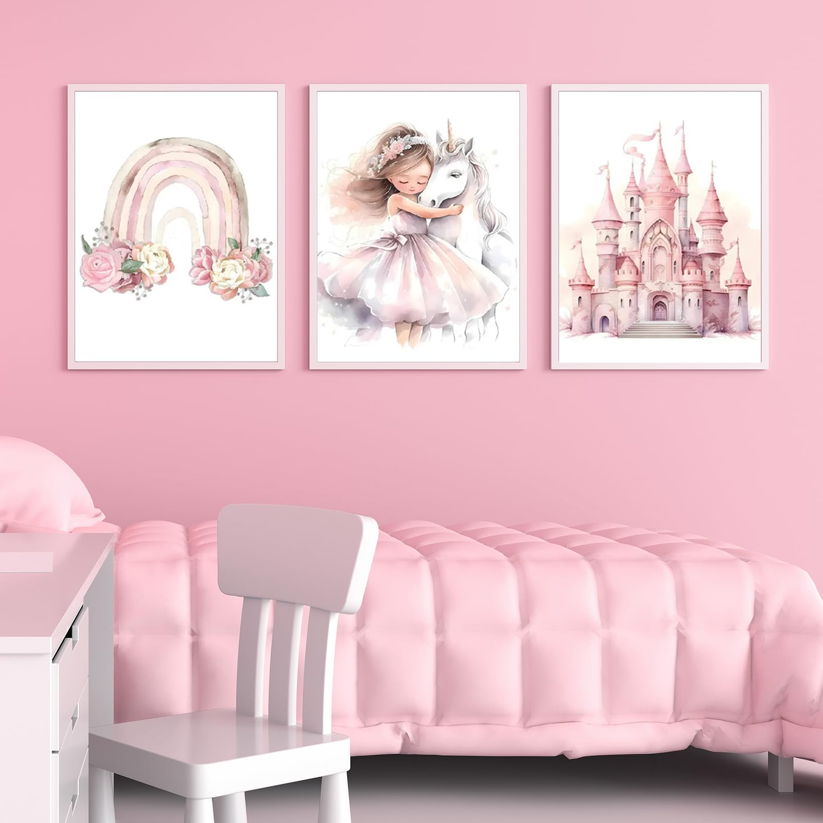 Zamety Poster da Parete Ragazza, Quadro Camera da Letto 30×40cm, Set di 3 Poster Arcobaleno Unicorno Principessa e Castello, Stampe da Parete Adatto per Camerette per Bambine, Senza Cornice