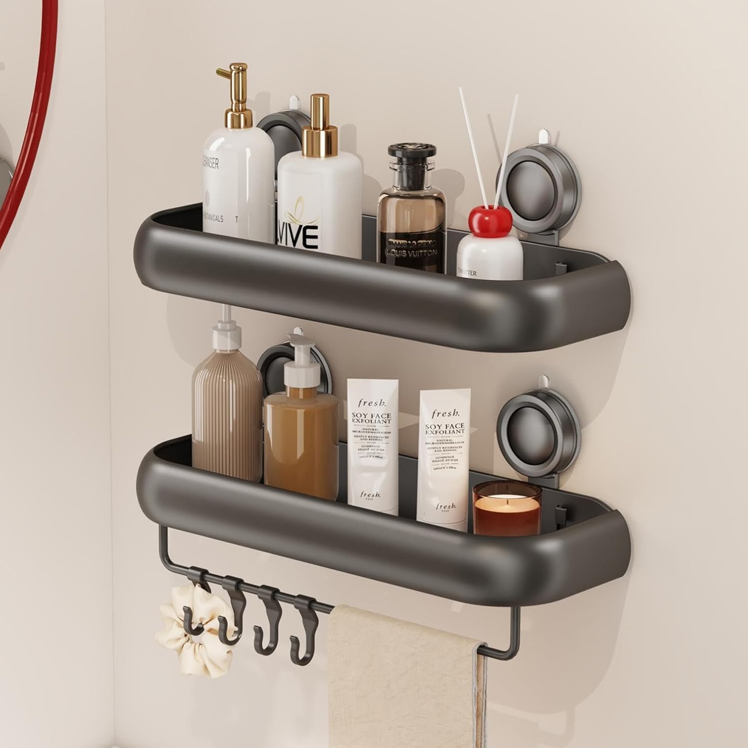 Shower Caddy Suction Cup, 2 Pack No Drilling Corner Shower Shelves, Rust Proof Bathroom Storage Organizer, Shower Corner Caddy with Removable Hooks and Towel Bar, Triangle, White