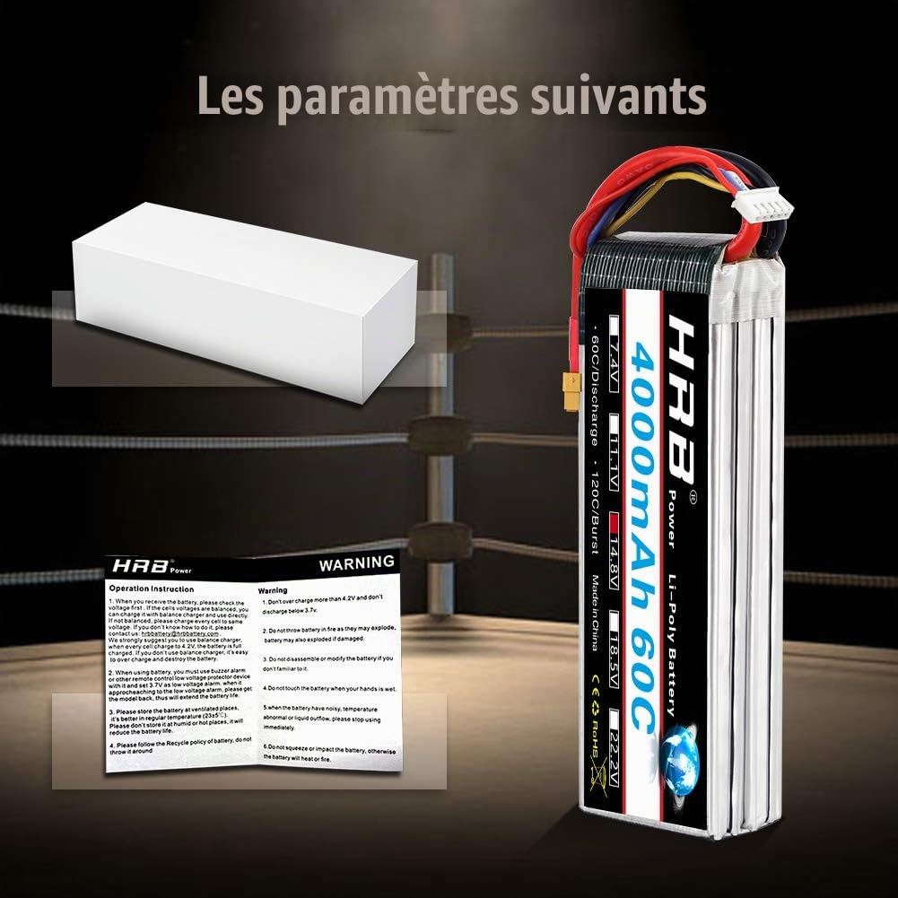 HRB 2PCS 4S 14.8V 4000mAh 60C Lipo Batterie avec XT60 Plug pour RC Hélicoptère Avion Voiture Bateau Camion