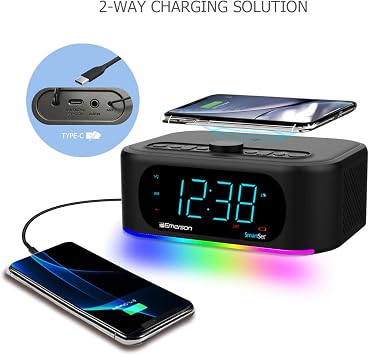 Emerson SmartSet Wireless Qi Charging Dual Alarm Clock Radio, CKSW7708M